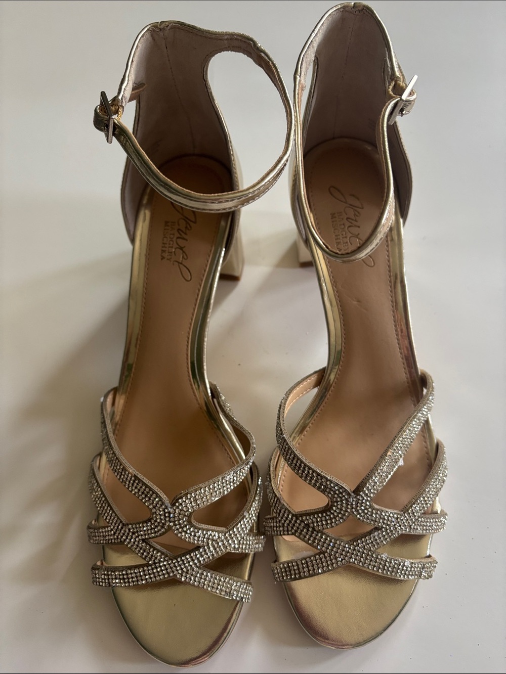 Guess Metallic Gold Rhinestone Strappy Block Heels